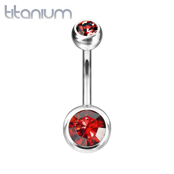 Implant Grade Titanium Double Ball Red CZ Gem Belly Ring - Pierced Universe