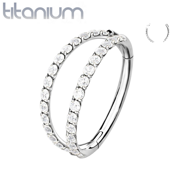 Implant Grade Titanium Pave White CZ Double Hoop Hinged Hoop Ring Clicker - Pierced Universe