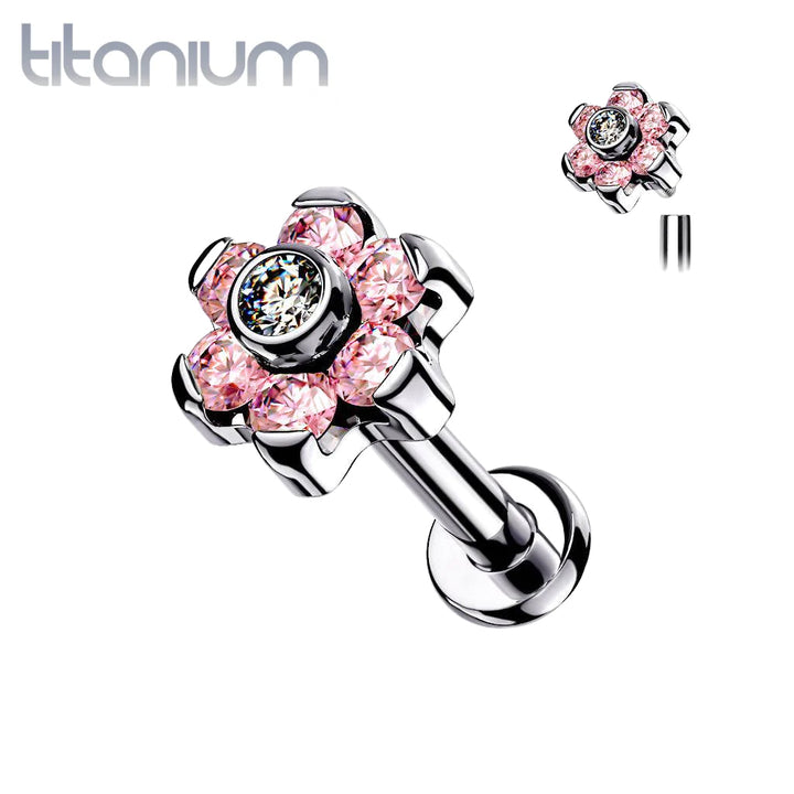 Implant Grade Titanium Internally Threaded Pink CZ Flower Flat Back - Pierced Universe