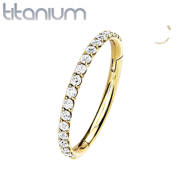 Implant Grade Titanium Gold PVD Easy Hinged White CZ Pave Clicker Hoop - Pierced Universe