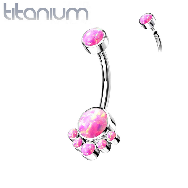 Implant Grade Titanium Internally Threaded Pink Opal Bezel Cluster Belly Ring - Pierced Universe