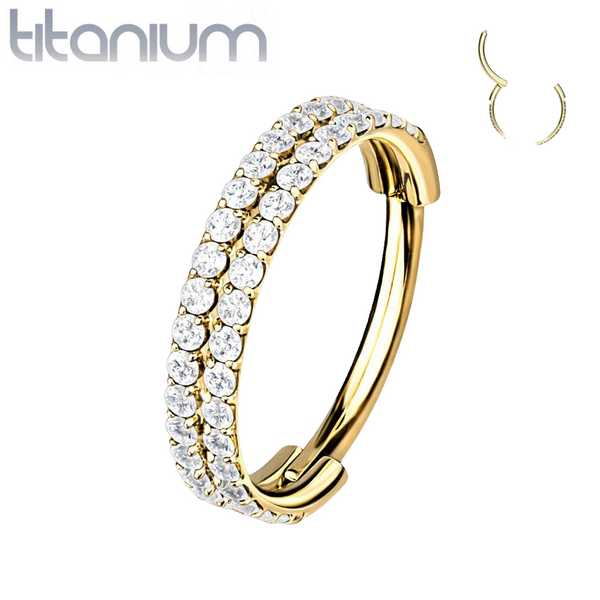 Implant Grade Titanium Gold PVD Double Row White CZ Pave Hinged Clicker Hoop - Pierced Universe