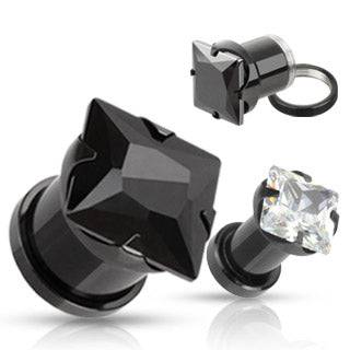 Black Plated Screw On Surgical Steel Prong Square CZ Gem Ear Plugs - Pierced Universe