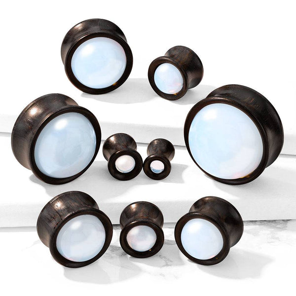 Double Flared Ebony Wood Opalite Stone Inlay Plugs - Pierced Universe