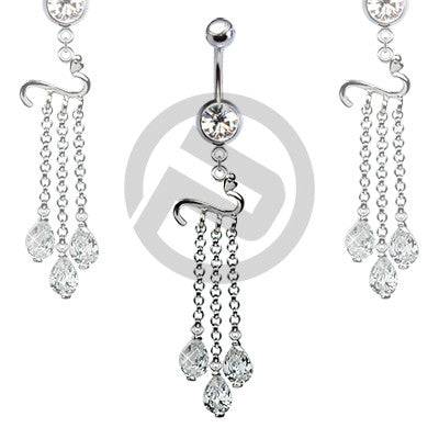 Fancy Clear CZ 3 Drop Chain Dangle Belly Button Navel Ring - Pierced Universe