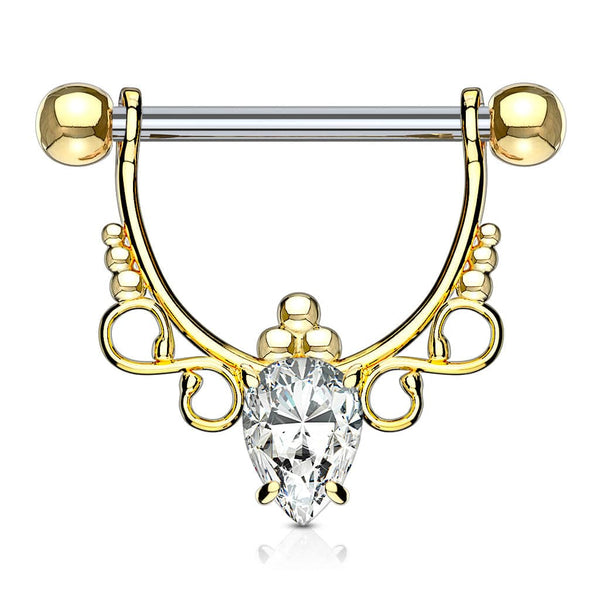 Gold IP Surgical Steel with White Pear CZ Dangle Nipple Ring Barbell - Pierced Universe