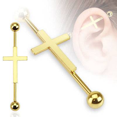 Gold Plated Over Surgical Steel Cross Straight Barbell Industrial Bar - Pierced Universe