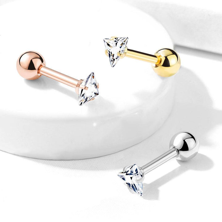 Gold Plated Surgical Steel Ball Back Prong White Triangle CZ Cartilage Ring Stud - Pierced Universe