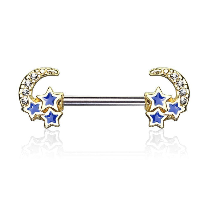 Gold Plated Surgical Steel Crescent Moon & Blue Stars Nipple Ring Barbell - Pierced Universe