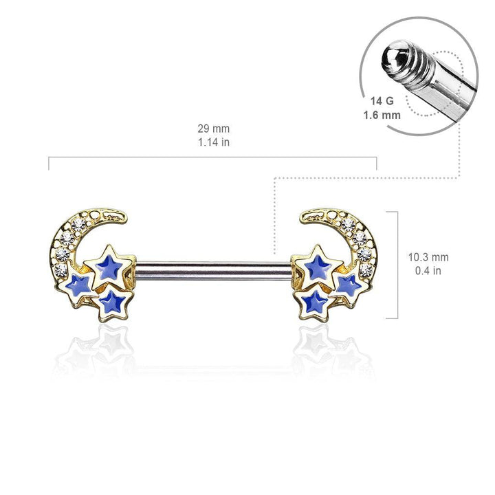 Gold Plated Surgical Steel Crescent Moon & Blue Stars Nipple Ring Barbell - Pierced Universe