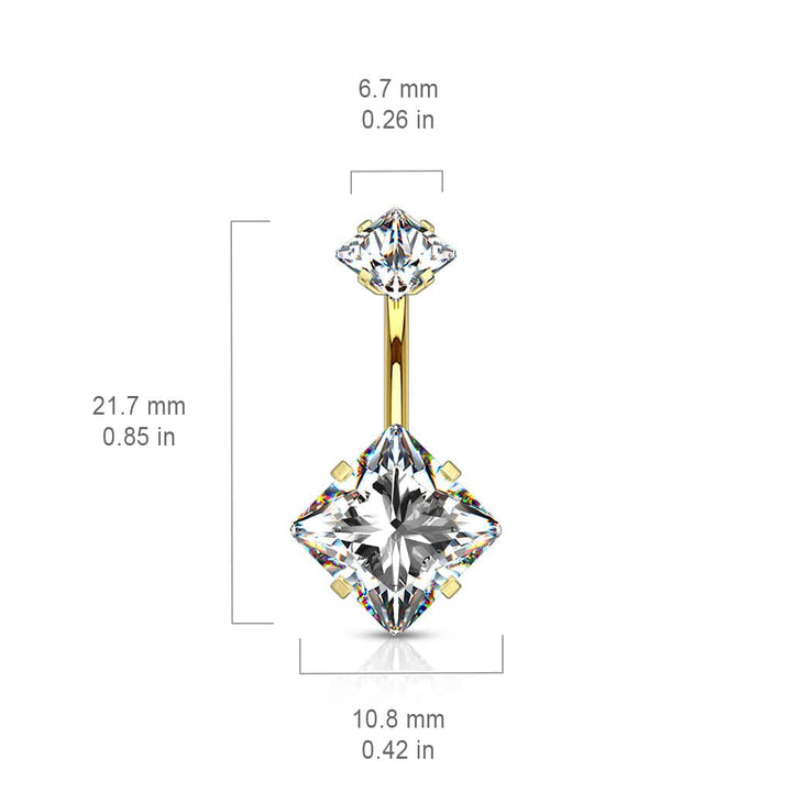 Gold Plated Surgical Steel Double Square White CZ Gem Belly Button Ring - Pierced Universe