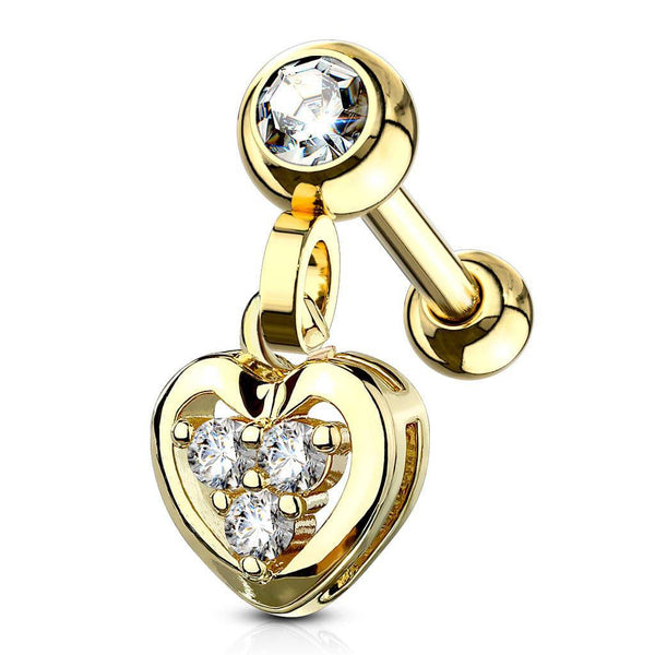 Gold Plated Surgical Steel Heart CZ Dangle Cartilage Ring - Pierced Universe