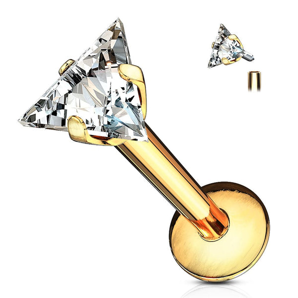 Gold Plated Surgical Steel Triangle White CZ Internally Threaded Labret Gold Plated Surgical Steel Triangle White CZ Internally Threaded Labret