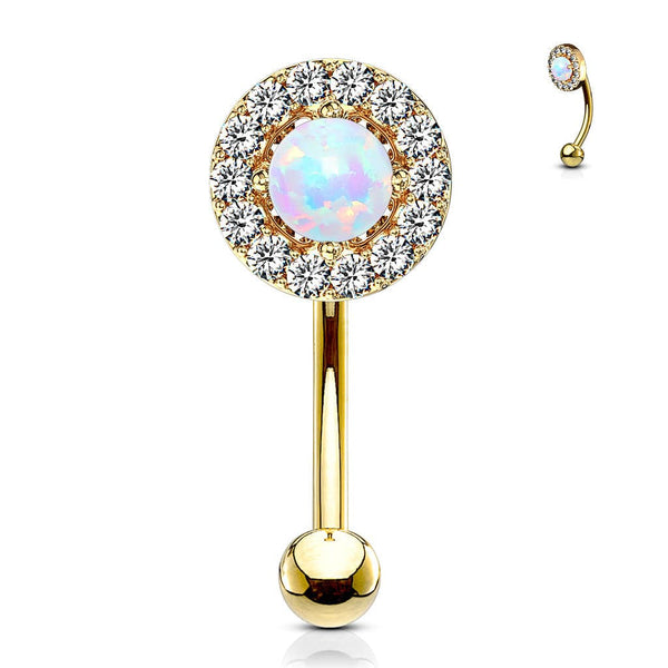 Gold Plated Surgical Steel White CZ Gem Cluster & White Opal Curved Barbell - Pierced Universe