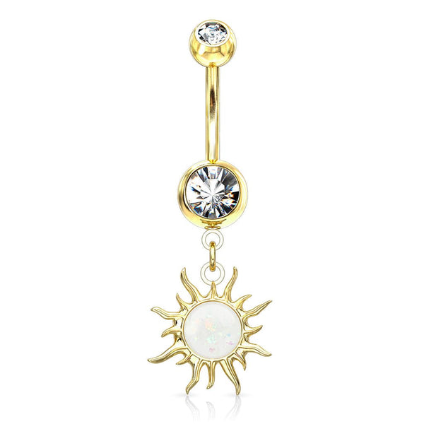 Gold Plated Surgical Steel White Glitter Opal Tribal Sun Belly Button Ring - Pierced Universe