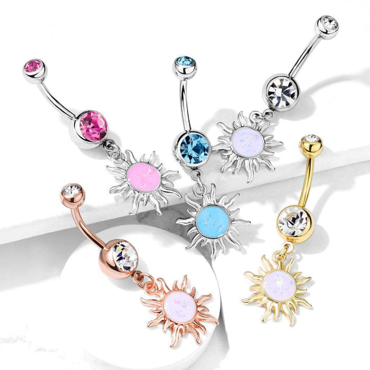 Gold Plated Surgical Steel White Glitter Opal Tribal Sun Belly Button Ring - Pierced Universe