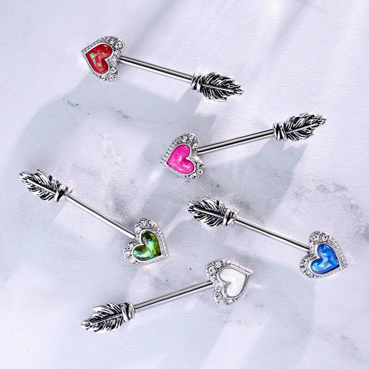 Green Opal Heart & Feather Arrow Surgical Steel Nipple Ring Barbell - Pierced Universe