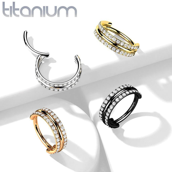 Implant Grade Titanium Black PVD White CZ Double Line Plain Center Hinged Clicker Hoop - Pierced Universe