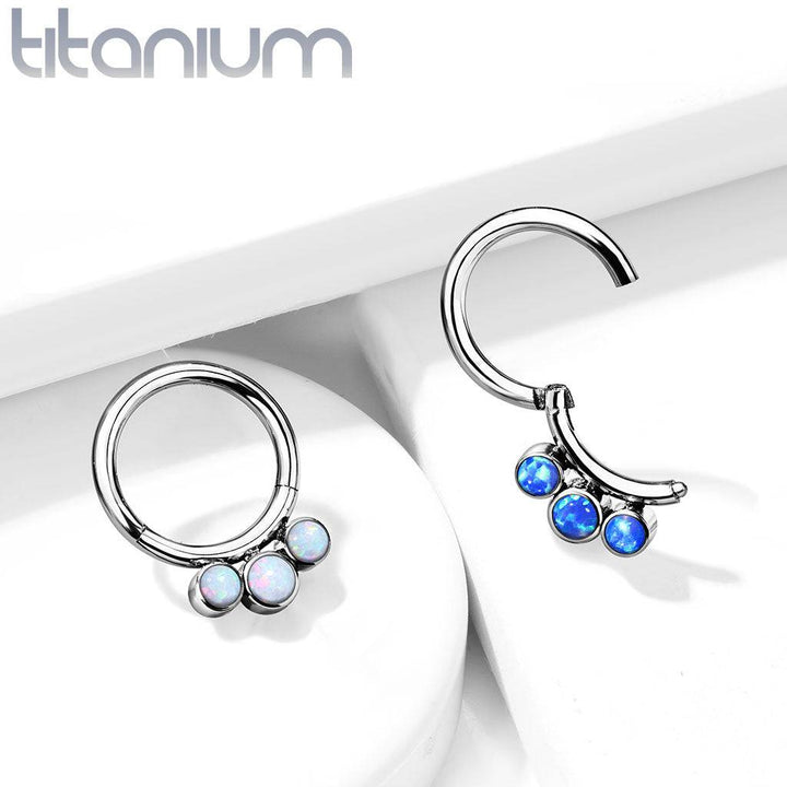 Implant Grade Titanium Blue Bezel Opal Septum Cartilage Daith Hinged Clicker - Pierced Universe