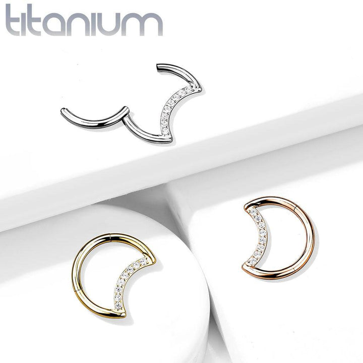 Implant Grade Titanium Crescent Moon Gold PVD White CZ Hinged Clicker Hoop Daith Cartilage Ring - Pierced Universe