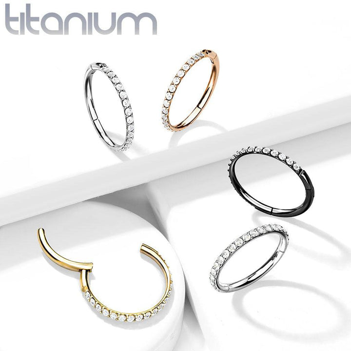 Implant Grade Titanium Gold PVD Easy Hinged White CZ Pave Clicker Hoop - Pierced Universe