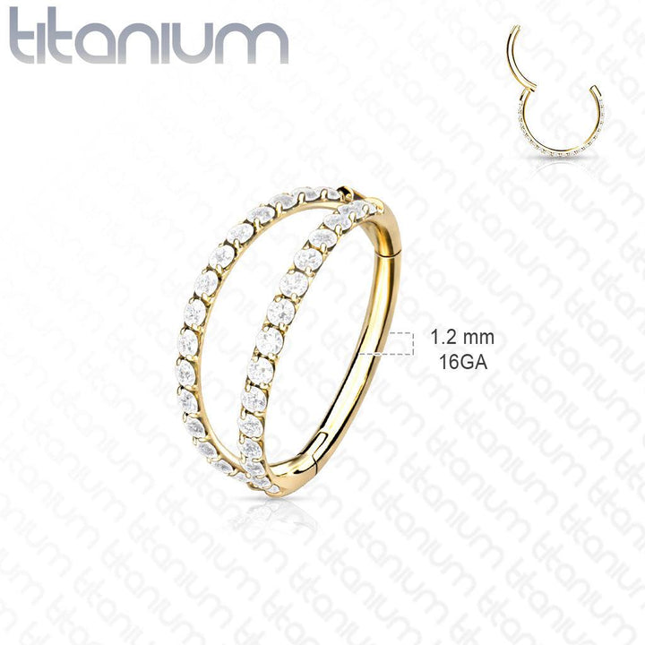 Implant Grade Titanium Gold PVD Pave White CZ Double Hoop Hinged Hoop Ring Clicker - Pierced Universe