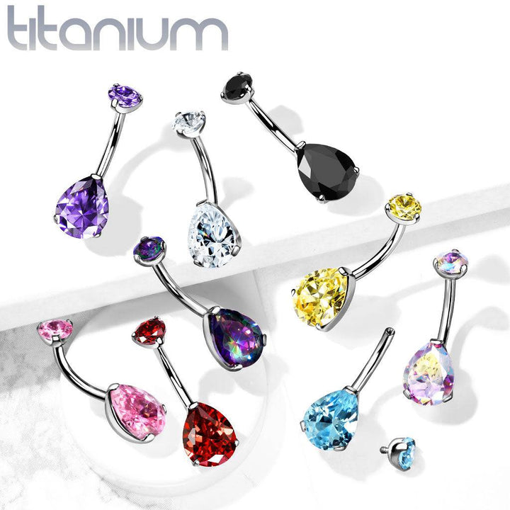 Implant Grade Titanium Internally Threaded Pear Teardrop Topaz CZ Belly Ring - Pierced Universe