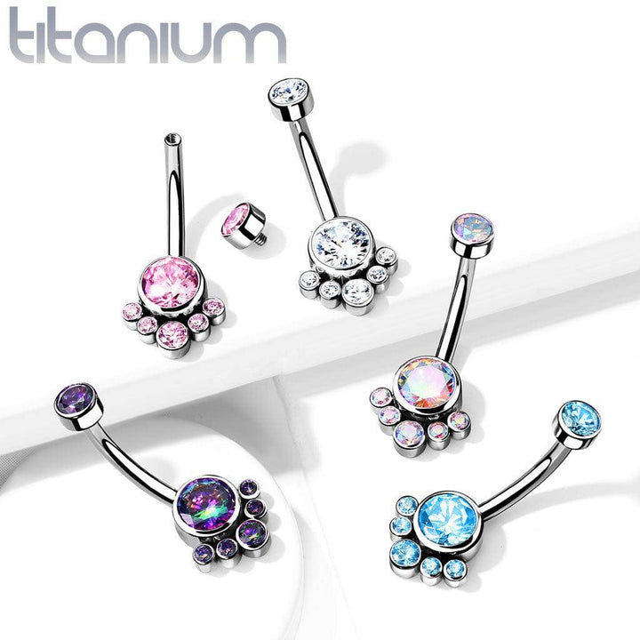 Implant Grade Titanium Internally Threaded Vitrail Medium CZ Bezel Cluster Belly Ring - Pierced Universe