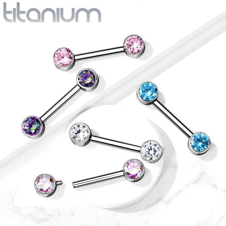 Implant Grade Titanium Nipple Barbell With Internally Threaded Aqua CZ Gems - Pierced Universe