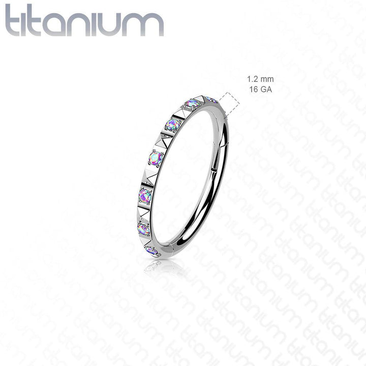 Implant Grade Titanium Ridged With Aqua CZ Gems Hinged Hoop Clicker Ring - Pierced Universe