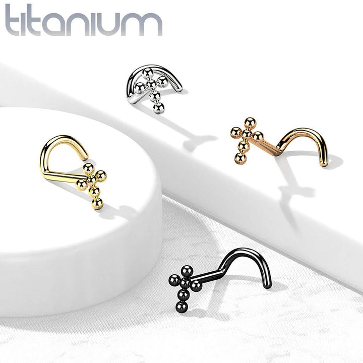 Implant Grade Titanium Rose Gold PVD Corkscrew Beaded Cross Nose Stud Ring - Pierced Universe