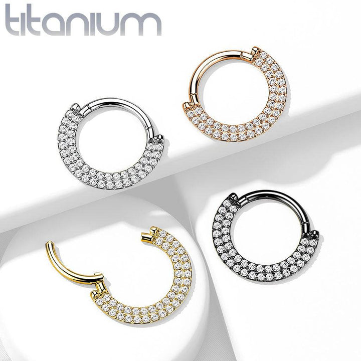 Implant Grade Titanium Rose Gold PVD Double Row White CZ Pave Daith Ring Clicker Hoop - Pierced Universe