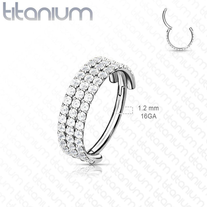 Implant Grade Titanium Rose Gold PVD Triple Row White CZ Pave Hinged Clicker Hoop - Pierced Universe