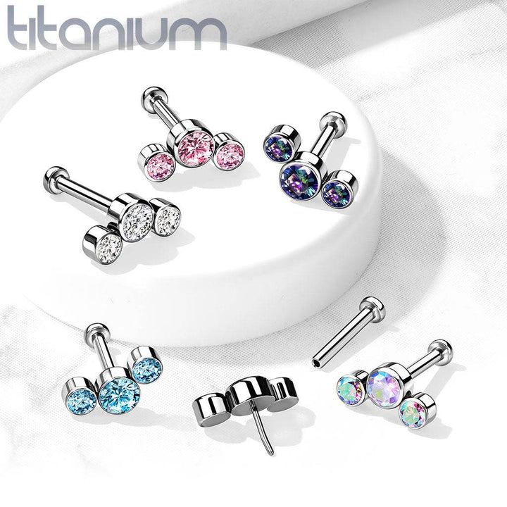 Implant Grade Titanium Threadless Push In Cartilage 3 Gem Curved Aqua CZ Gems With Flat Back - Pierced Universe