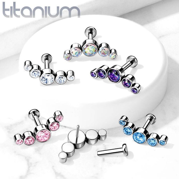 Implant Grade Titanium Threadless Push In Cartilage 5 Gem Curved Aurora Borealis CZ Gems With Flat Back - Pierced Universe