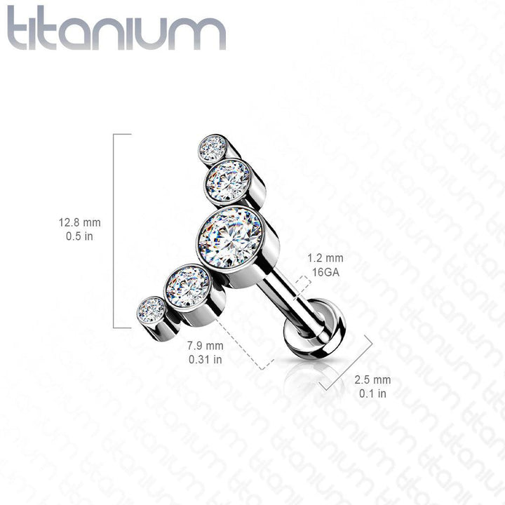 Implant Grade Titanium Threadless Push In Cartilage 5 Gem Curved White CZ Gems With Flat Back - Pierced Universe