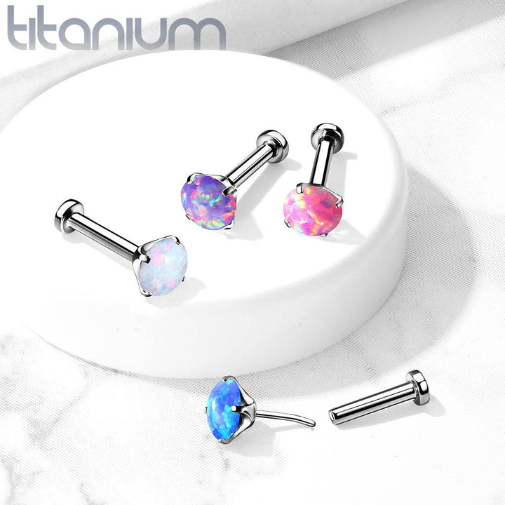 Implant Grade Titanium Threadless Push In Nose Ring Clawed White Opal Stone With Flat Back - Pierced Universe