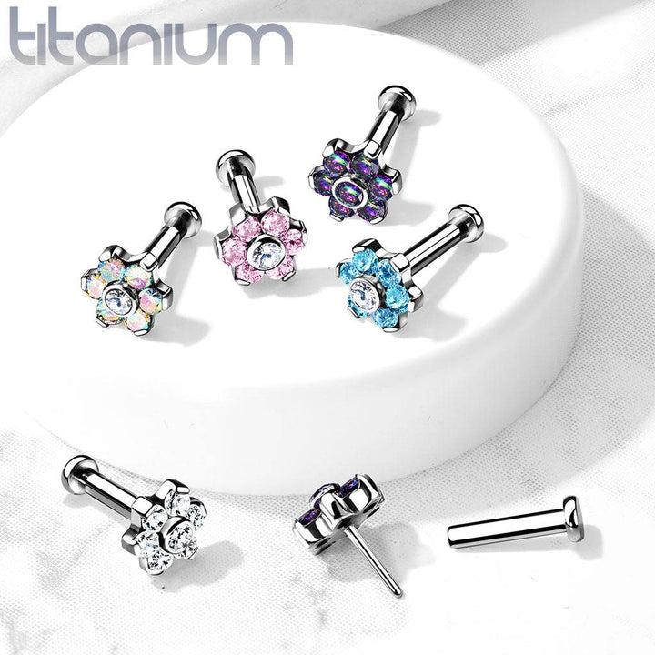 Implant Grade Titanium Threadless Push In Tragus/Cartilage Aqua CZ Flower With Flat Back - Pierced Universe