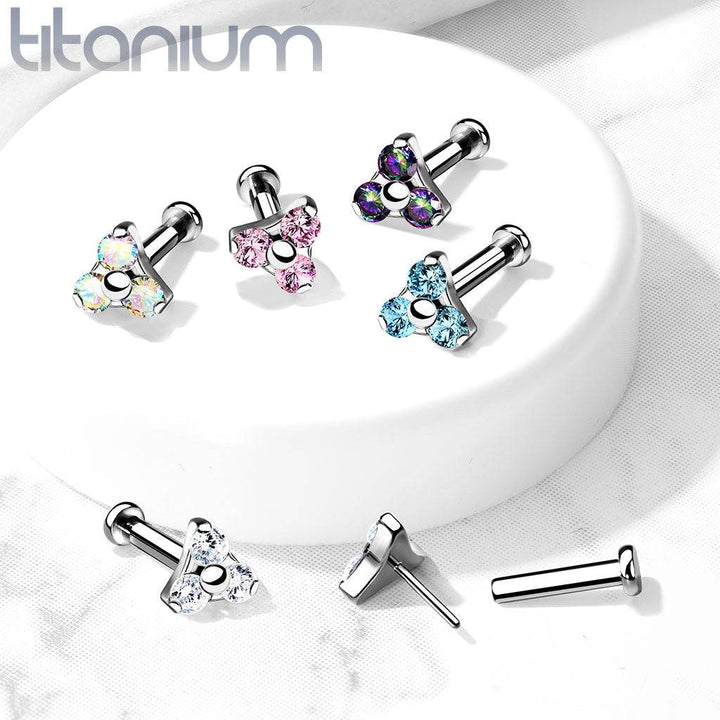 Implant Grade Titanium Threadless Push In Tragus/Cartilage Aqua CZ Trillium With Flat Back - Pierced Universe