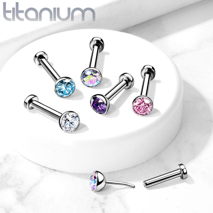 Implant Grade Titanium Threadless Push In Tragus/Cartilage Flat Back Bezel Pink CZ With Flat Back - Pierced Universe