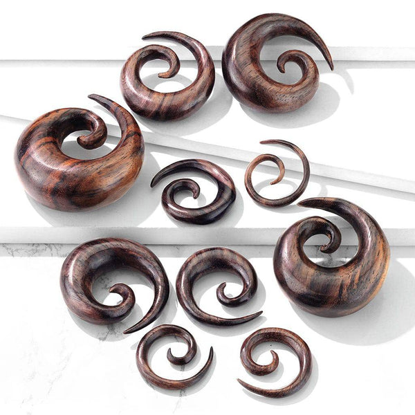 Organic Hand Carved Brown Sono Wood Spiral Expander - Pierced Universe