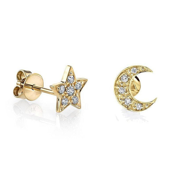 Pair 925 Sterling Silver Gold Plated Crescent Moon & Star Minimal Earrings - Pierced Universe