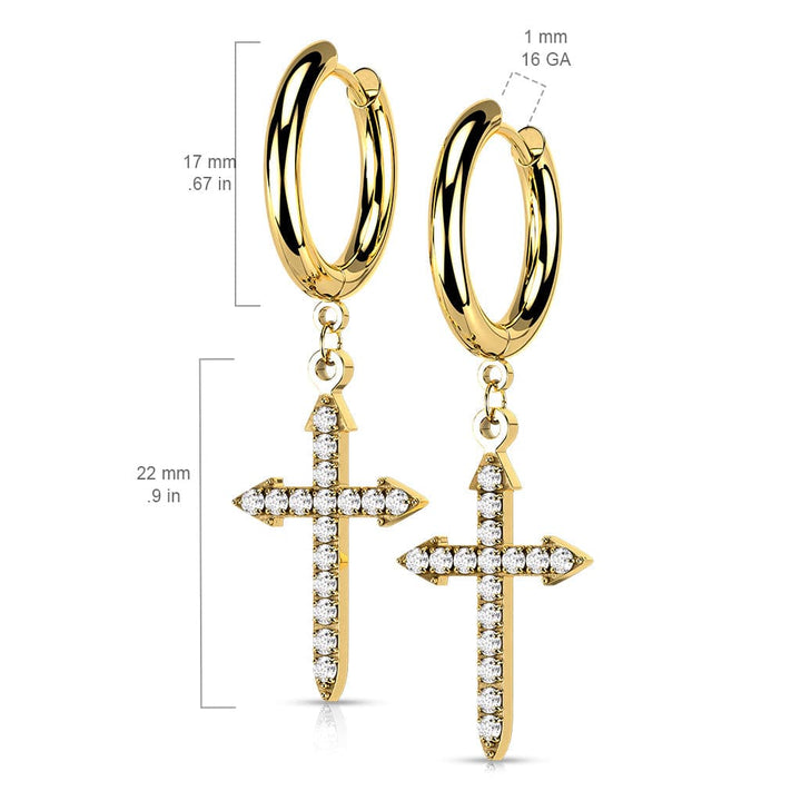 Pair Of 316L Surgical Steel Gold PVD White CZ Celtic Cross Dangle Hoop Earrings - Pierced Universe