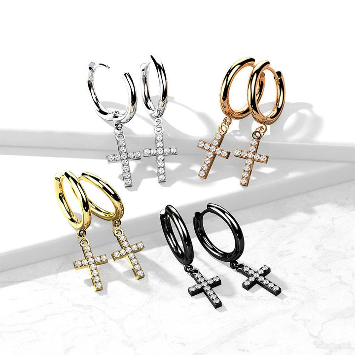 Pair Of 316L Surgical Steel Gold PVD White CZ Cross Dangle Hoop Earrings - Pierced Universe