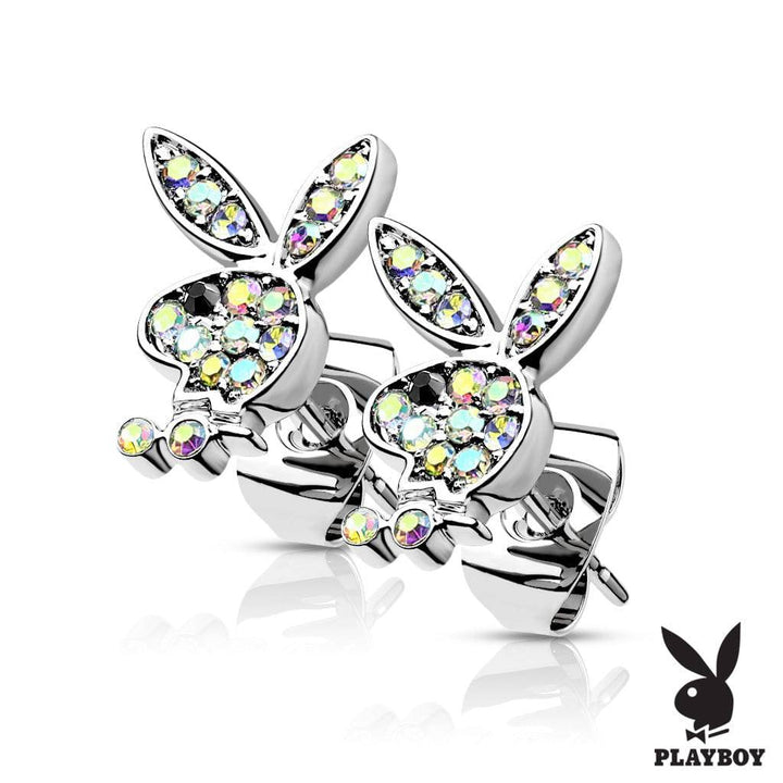 Pair of 316L Surgical Steel Playboy Aurora Borealis CZ Stud Earrings - Pierced Universe