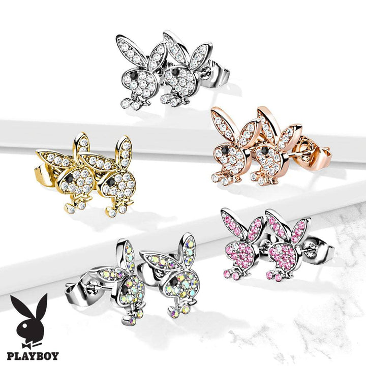 Pair of 316L Surgical Steel Playboy Aurora Borealis CZ Stud Earrings - Pierced Universe