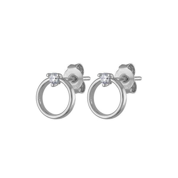 Pair Of 925 Sterling Silver Circle With White CZ Gem Minimal Stud Earrings - Pierced Universe