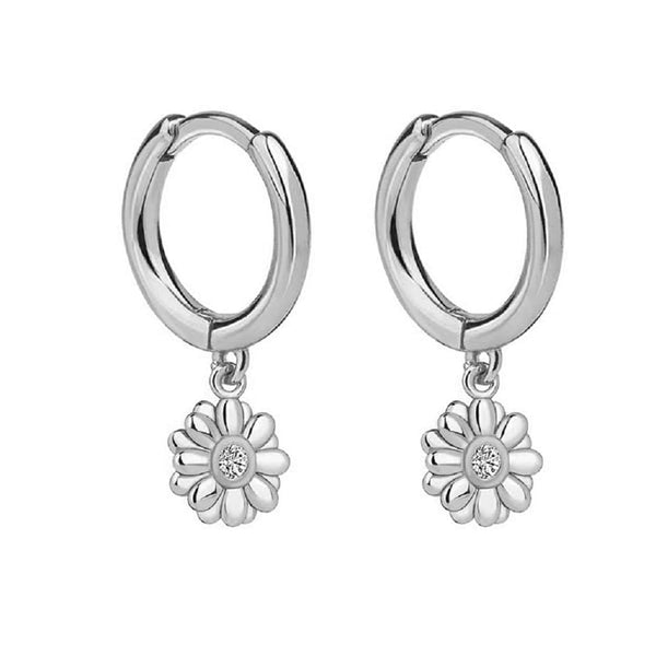 Pair of 925 Sterling Silver Daisy Flower Dangle Minimal Hoop Earrings - Pierced Universe