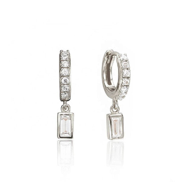 Pair Of 925 Sterling Silver White CZ Baguette Dangle Minimal Hoop Earrings