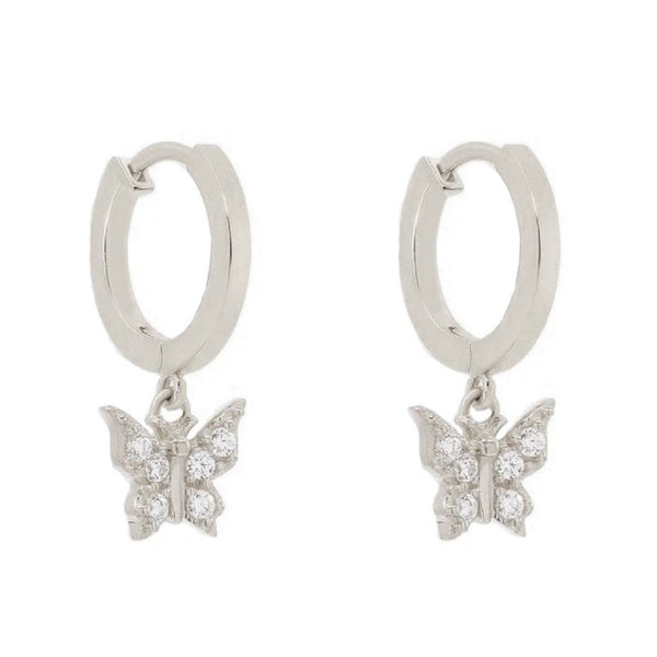 Pair of 925 Sterling Silver Diamond CZ Butterfly Dangle Minimal Hoop Earrings - Pierced Universe